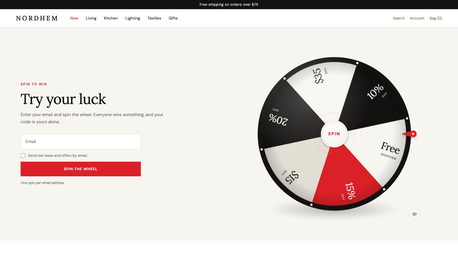Tickwheel on a store's home page: the prize wheel next to an email field