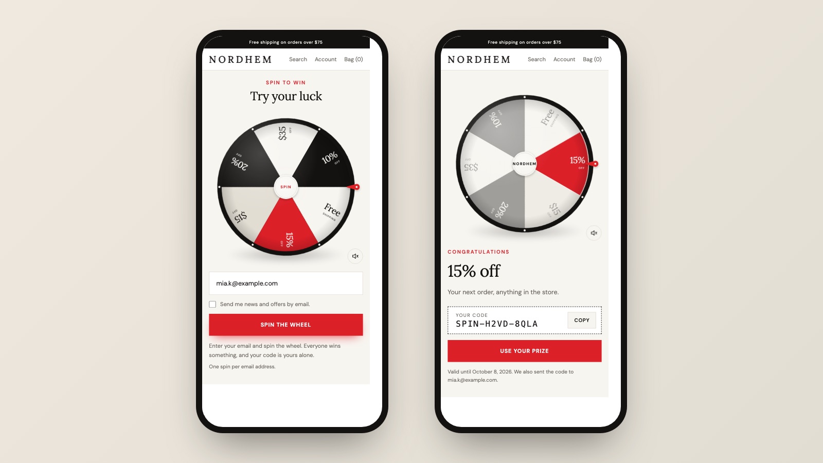 The wheel on a phone, before and after winning
