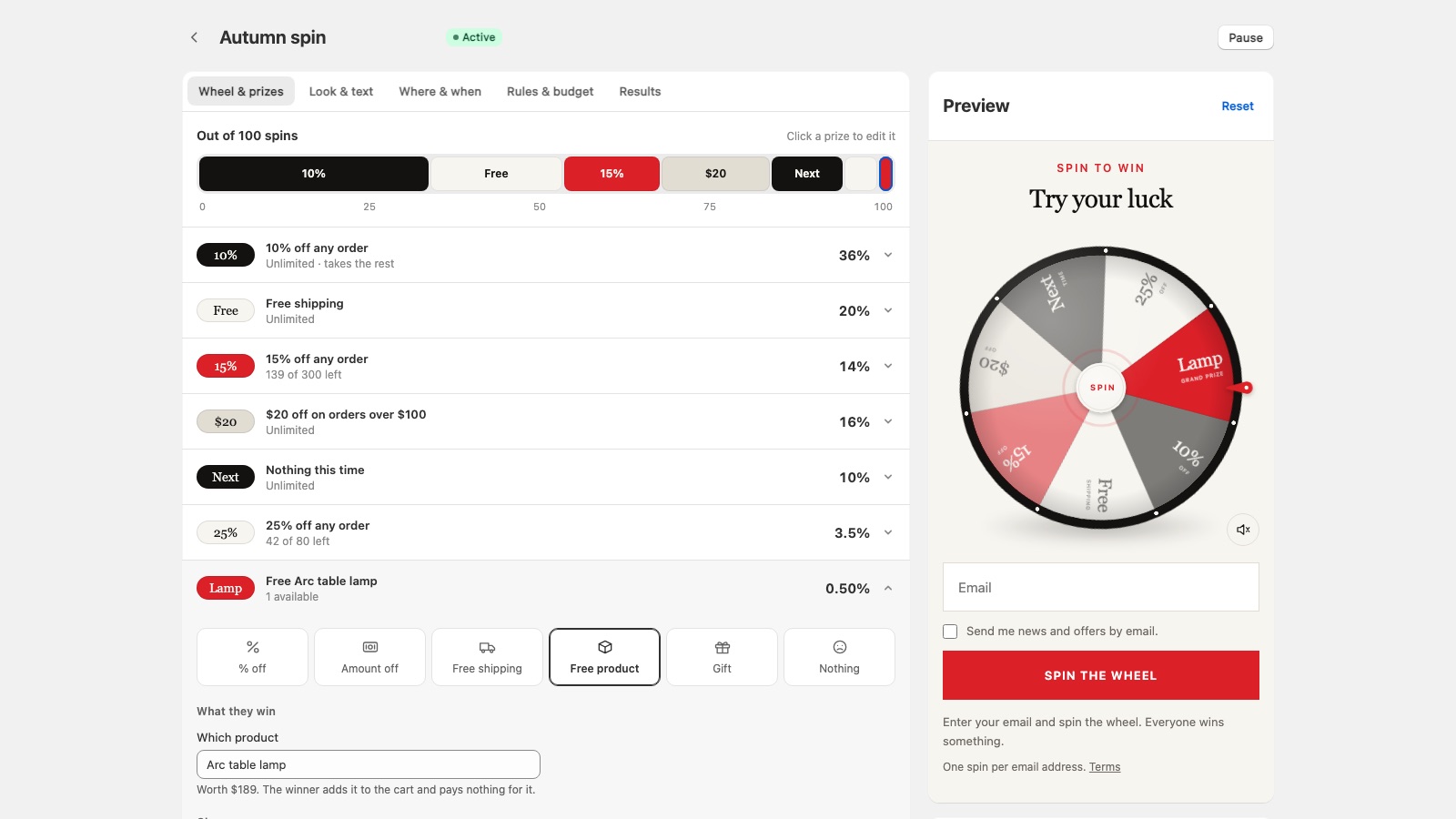 The Tickwheel prize editor with the chance of each prize and a live preview