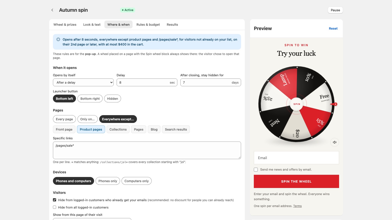 Pop-up targeting rules for pages, devices and visitors